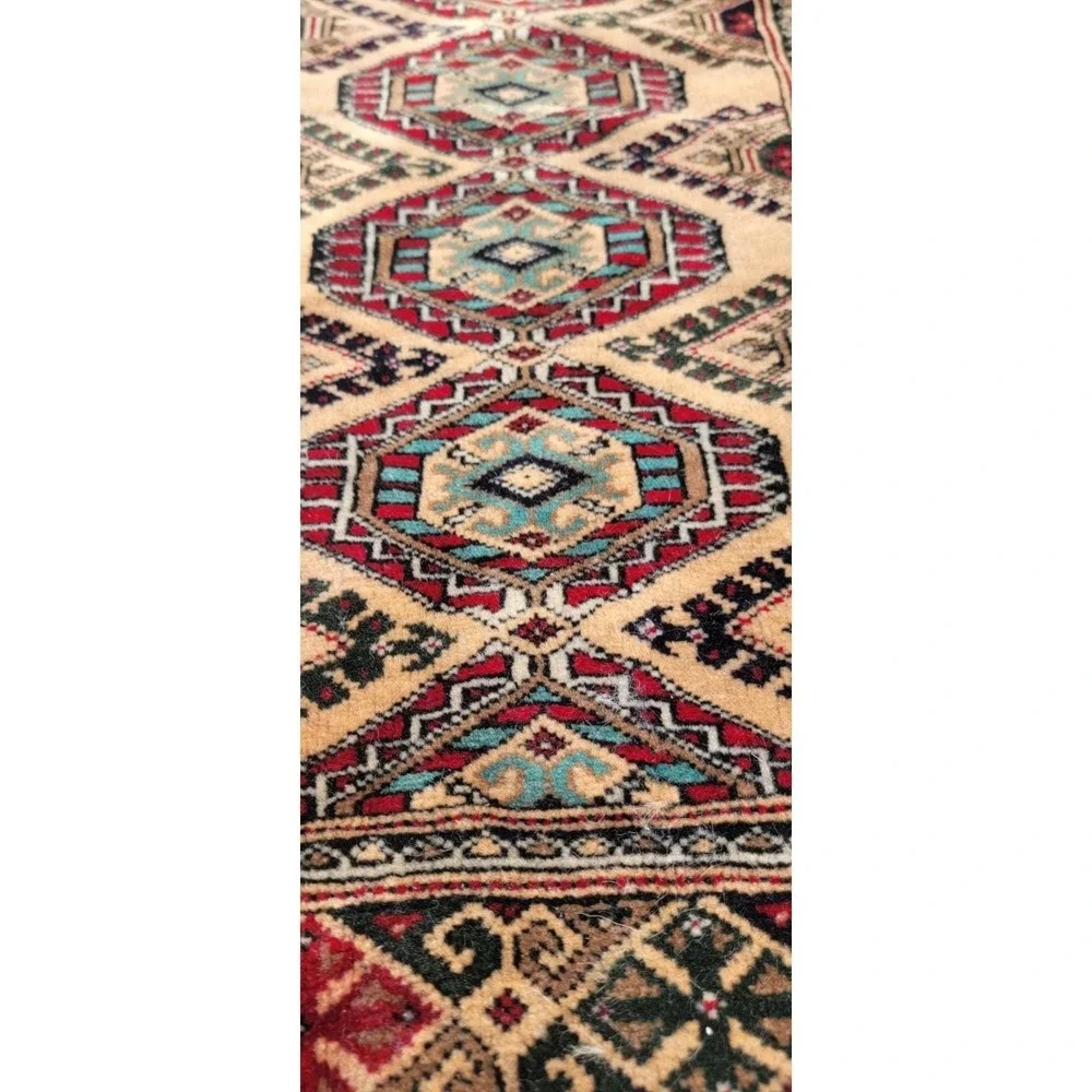 Vintage Tribal Geometric Runner Rug 2x5 Beige Red Wool Hand-Knotted